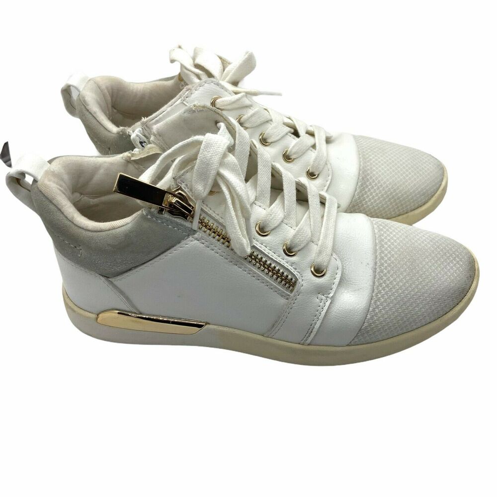 Aldo Women's White Gold Lace Up Low Top Round Toe Comfort Sneaker Shoes Size 6